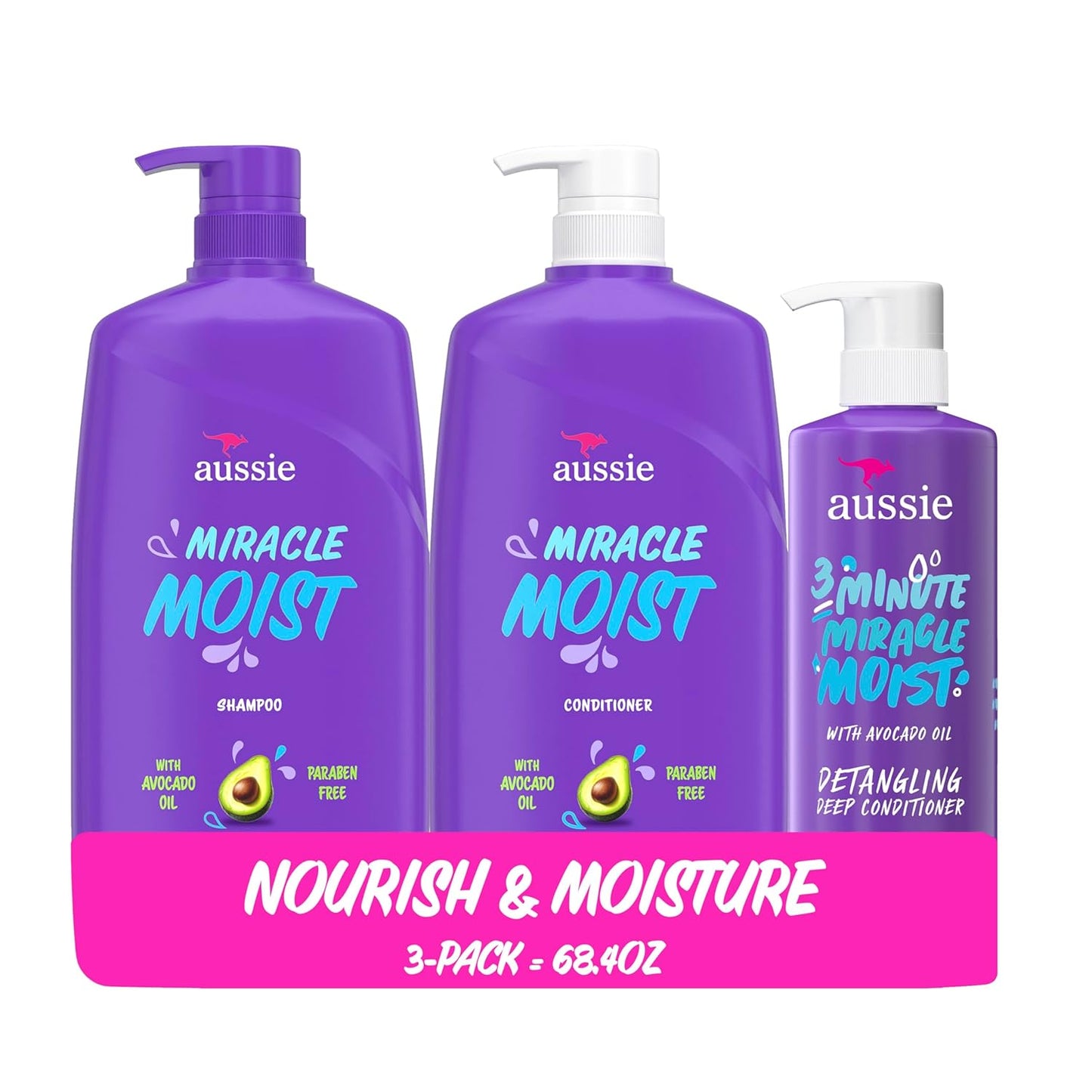 Aussie Miracle Moist Shampoo & Conditioner Set - Deep Moisturizing with Avocado & Jojoba Oil | 3 Pack, 68.4 Fl Oz