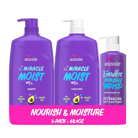 Aussie Miracle Moist Shampoo & Conditioner Set - Deep Moisturizing with Avocado & Jojoba Oil | 3 Pack, 68.4 Fl Oz