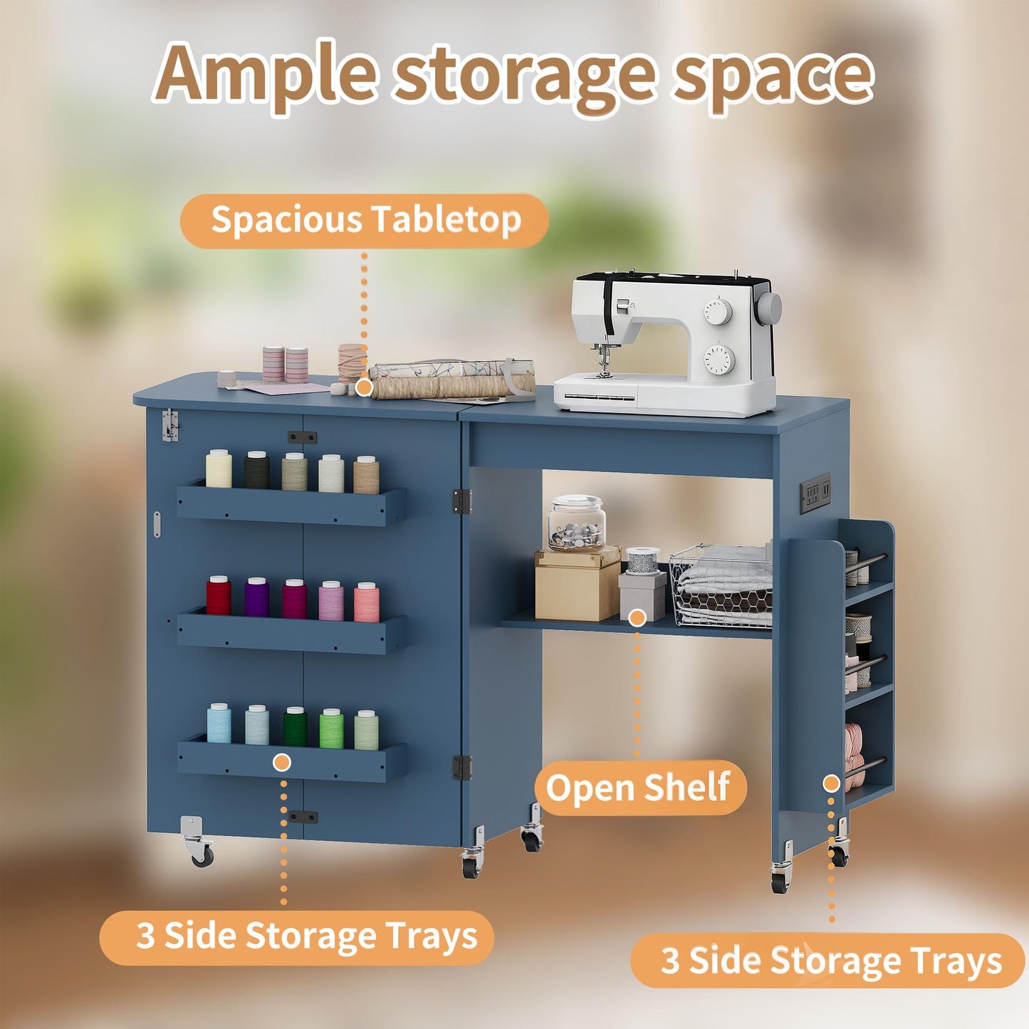 Folding Sewing Table with Power Outlet, Rolling Sewing Desk with Side Storage Rack, Compact Portable Sewing Cabinet for Sewing Machine, Craft Table Organizer for Home (Blue)