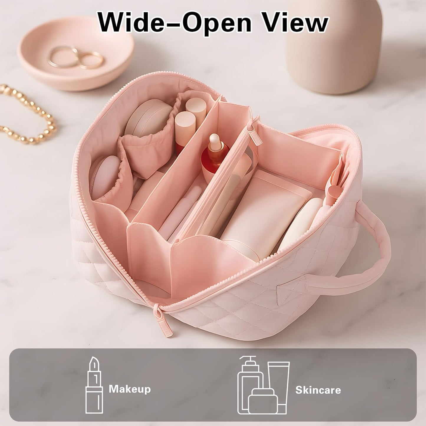 Travel Makeup Bag - Waterproof Padded Cosmetic Organizer for Women | Wide-Open Pouch in Pink