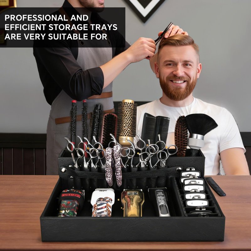 Barber Organizer Tray, 13.9 x 11.2 x 4.4 inch Adjustable Station for Clippers & Guards Scissors, Multifunctional Non-slip Barber&Salon Hair Tools Holder, with PU Leather Exterior Hairdressing Case