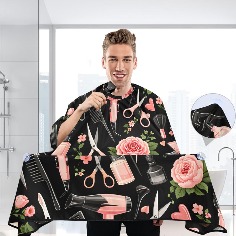ALAZA Rose Flower Hairdresser Tools Print Black Waterproof Barber Cape for Men Women Beard Shaving Bib Apron Professional Hair Cutting Cloth, 65 x 55 inch