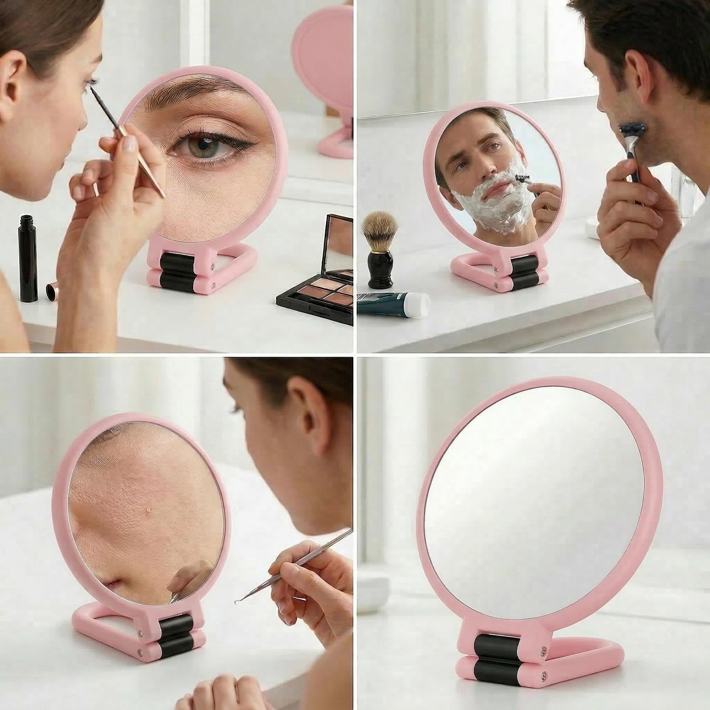 Magnifying Handheld Mirror Double Sided, 1X and 60X Magnification Hand Mirror, Travel Folding Hand Held Makeup Mirror with 360° Rotation Pedestal for Vanity, Dressing Table and Daily Use Pink