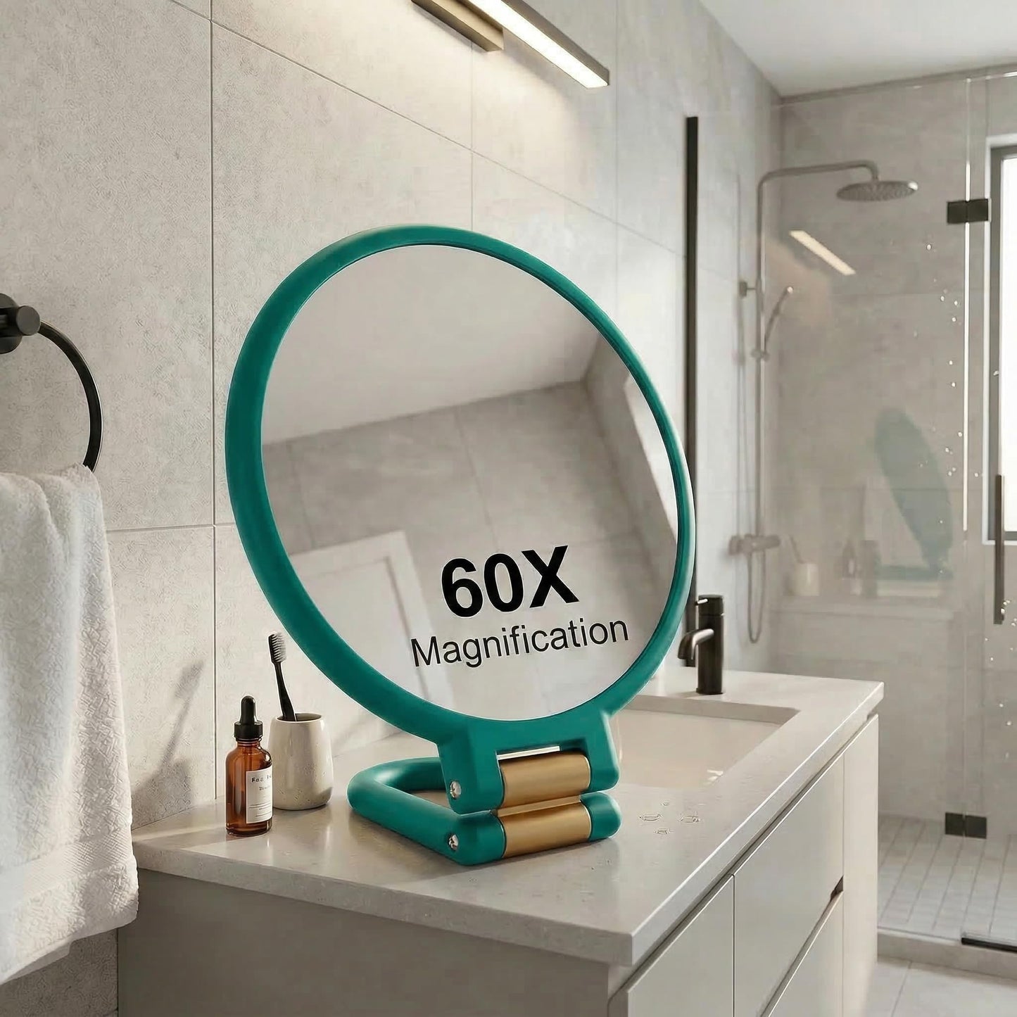 Magnifying Handheld Mirror Double Sided, 1X and 60X Magnification Hand Mirror, Travel Folding Hand Held Makeup Mirror with 360° Rotation Pedestal for Vanity, Dressing Table and Daily Use Green
