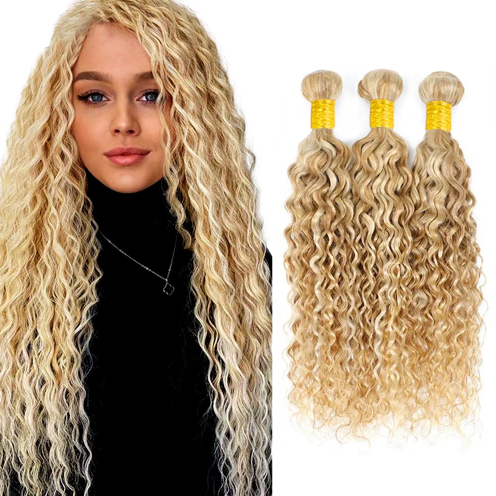 P27/613 Blonde Bundles Human Hair Water Wave Bundles 30 32 34 Inch Blonde Highlight Water Wave Bundle Unprocessed Brazilian Virgin Weave Hair 3 Bundle 50 Gram Per Bundle