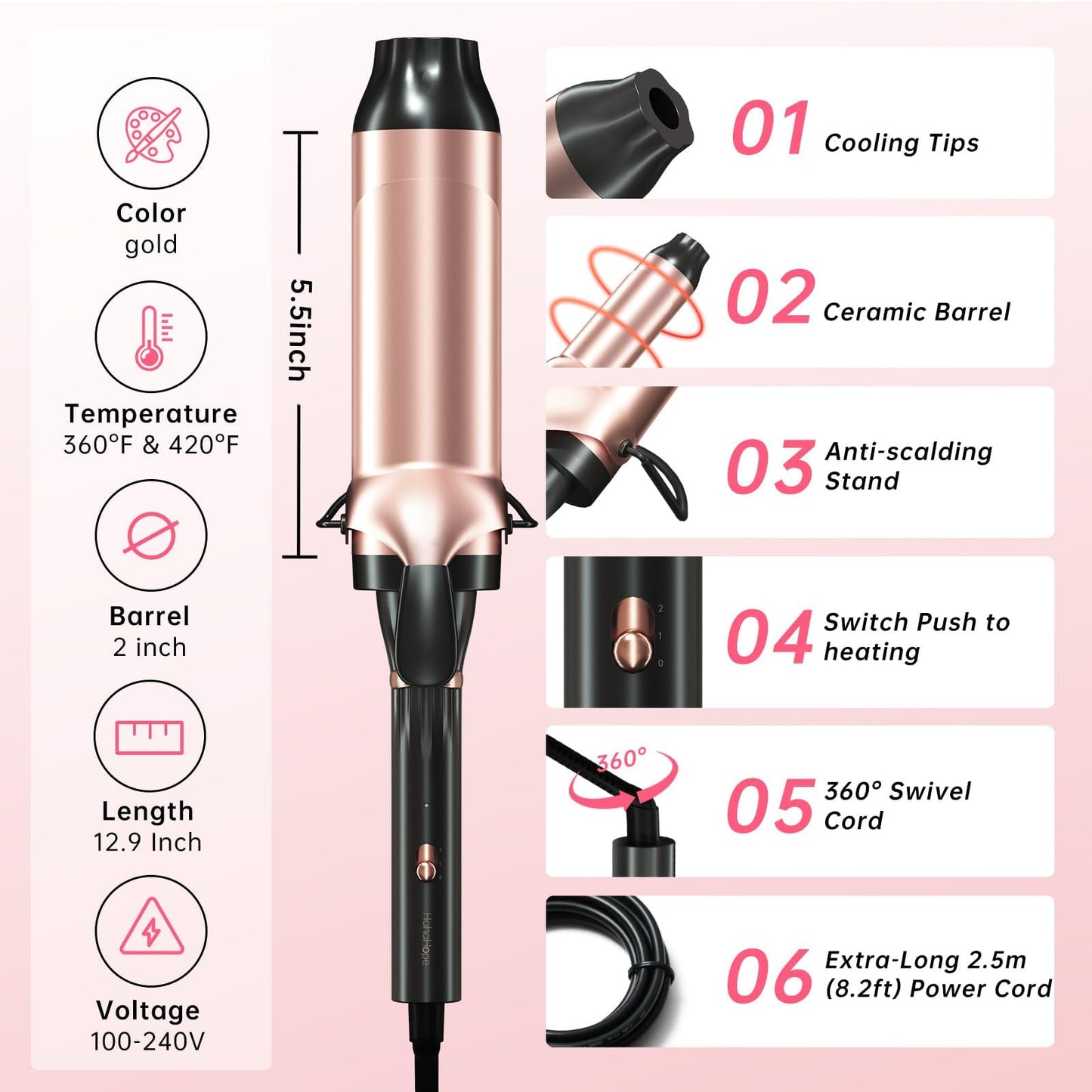 Hahahope Professional 2 Inch Curling Iron
