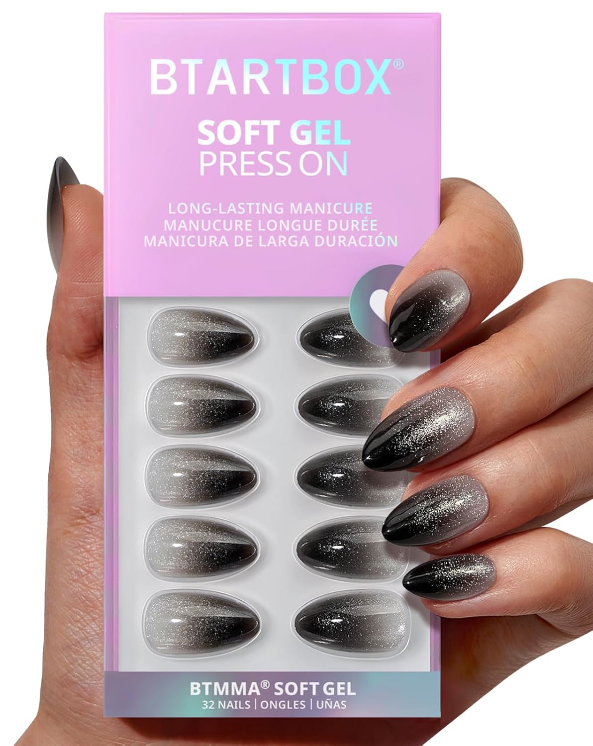 French Tip Press On Nails - Silver Bells | Lamp-Curable Short Almond Design, 16 Sizes, 32 Soft Gel Kit