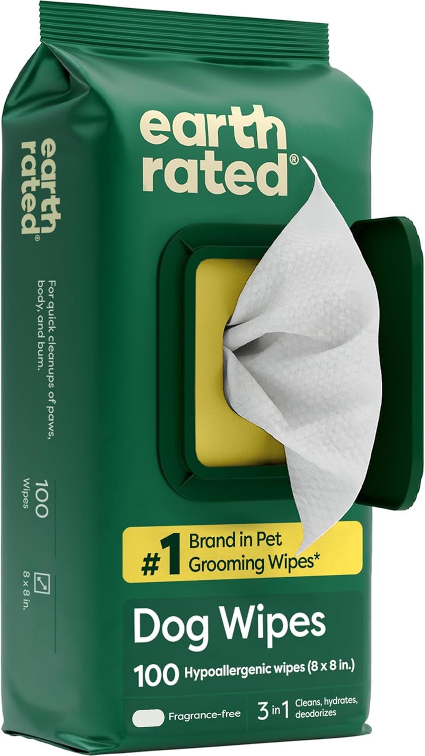 Earth Rated Pet Wipes - Hypoallergenic 3-in-1 Cleaning Wipes for Dogs & Cats | 100 Count, Unscented