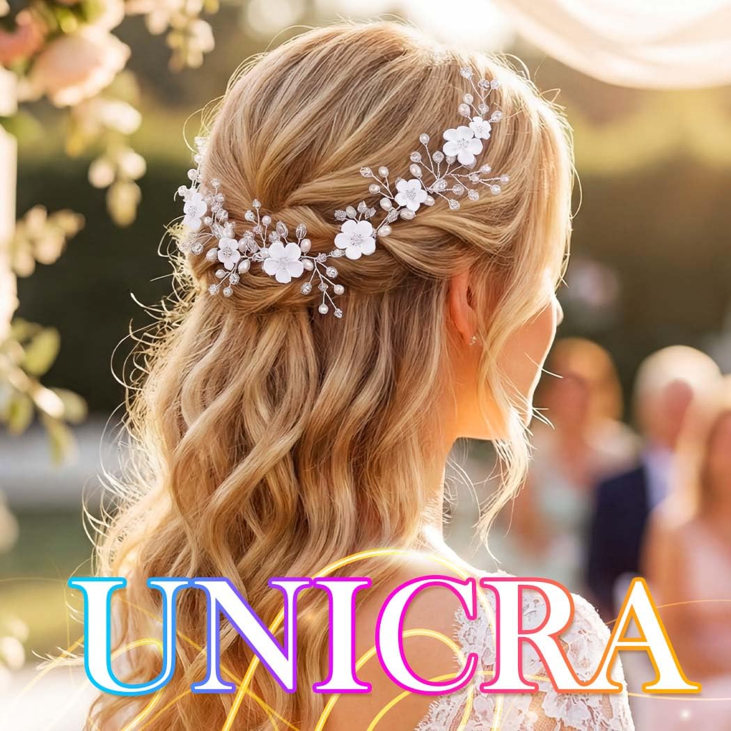 Unicra Silver Pearl Hair Vine Bridal Headpieces Flower Wedding Hair Accessories for Brides and Women (Silver)