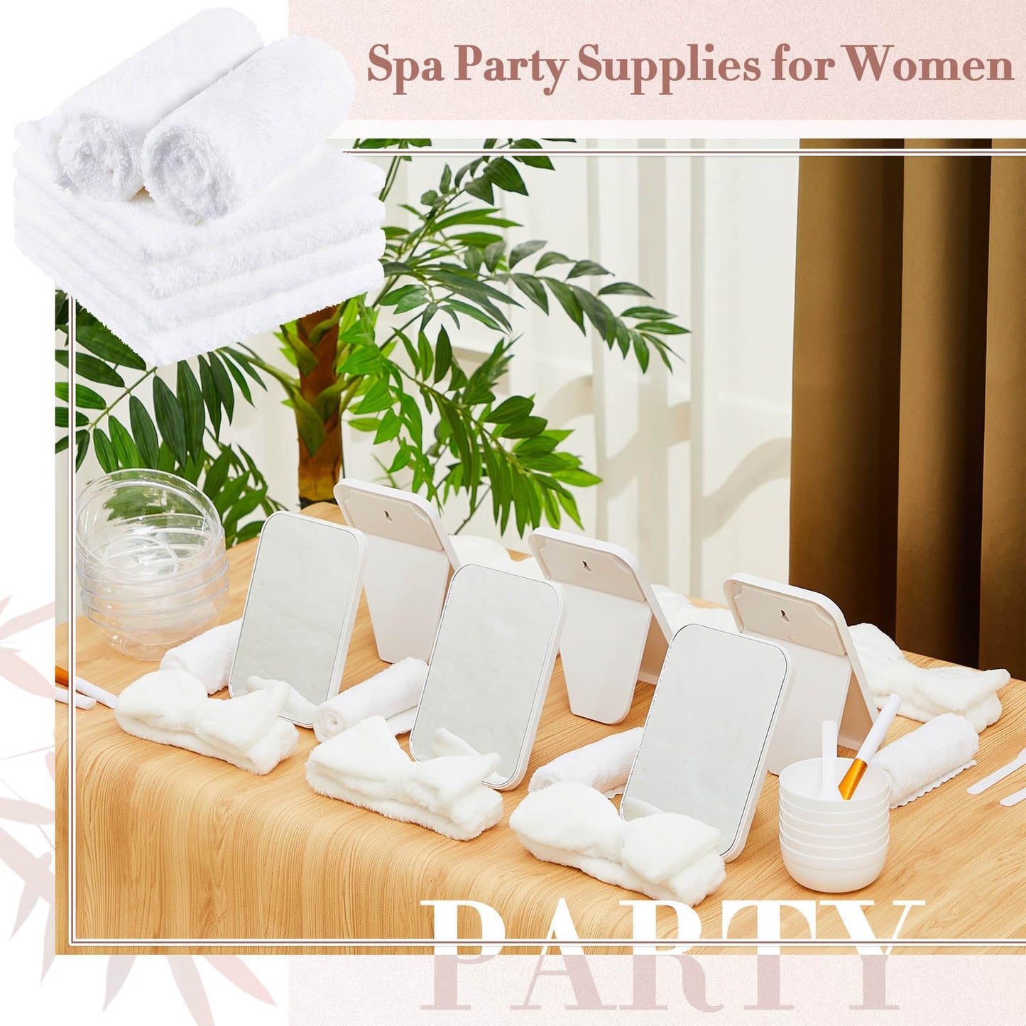 Teenyyou 6 Set White Spa Party Supplies for Girls Women Include Facial Mask Bowl with Stick Spatula Silicone Brush Mirror Headband Towel for DIY Spa Sleepover Slumber Wedding Birthday Party Favor
