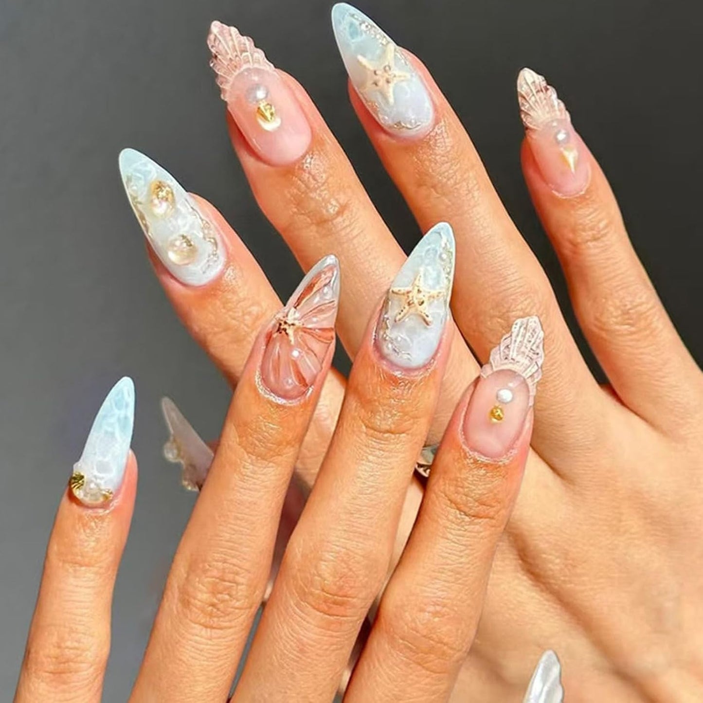 French Tip Press-On Nails - Medium Almond Shape with 3D Bow & Pearl Charms | 24 Pcs Spring Design