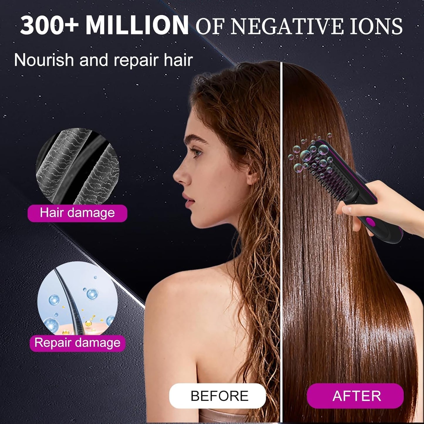 Portable Straightener Brushs for Travel, with LCD Temperature Display, Fast Heating Cordless Mini Hair Brushs (Black)