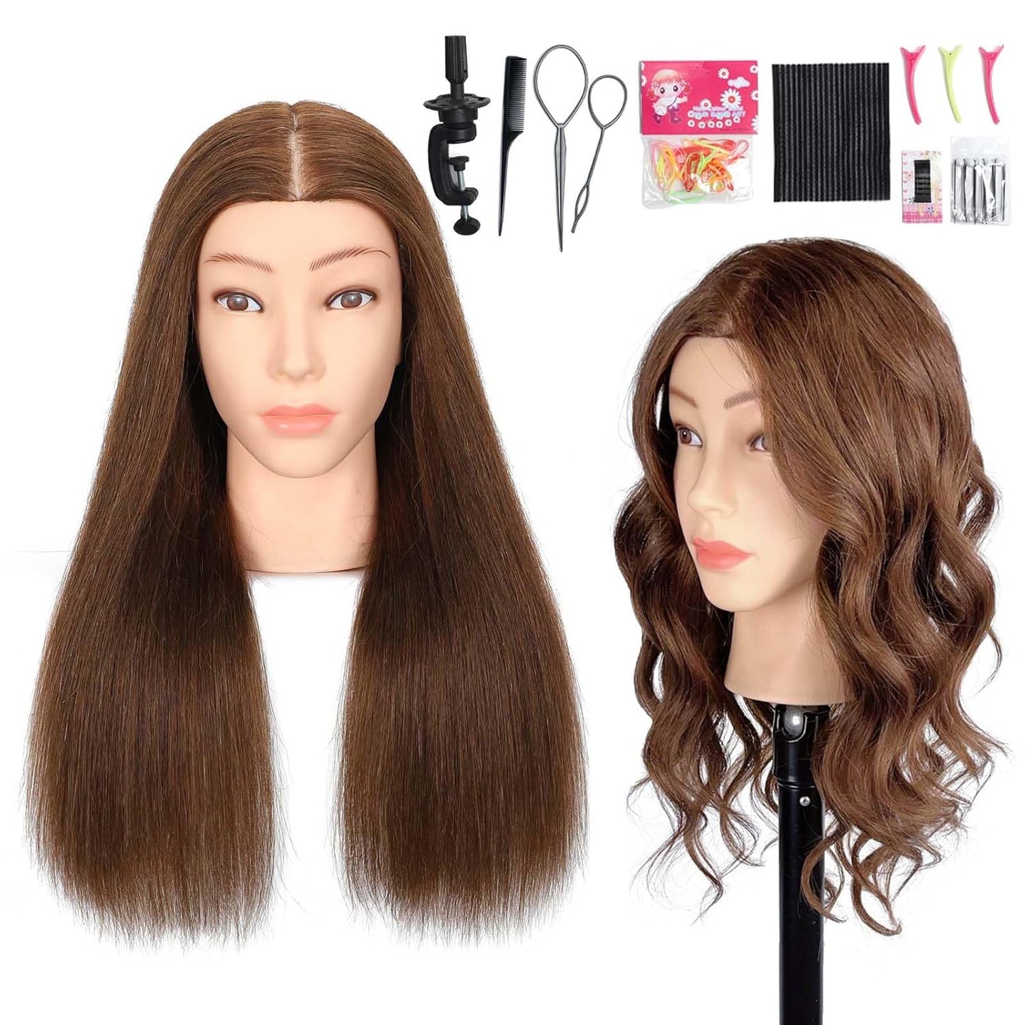 Human Hair Mannequin Head - 100% Real Hair Cosmetology Practice for Braiding & Hairstyling | Brown
