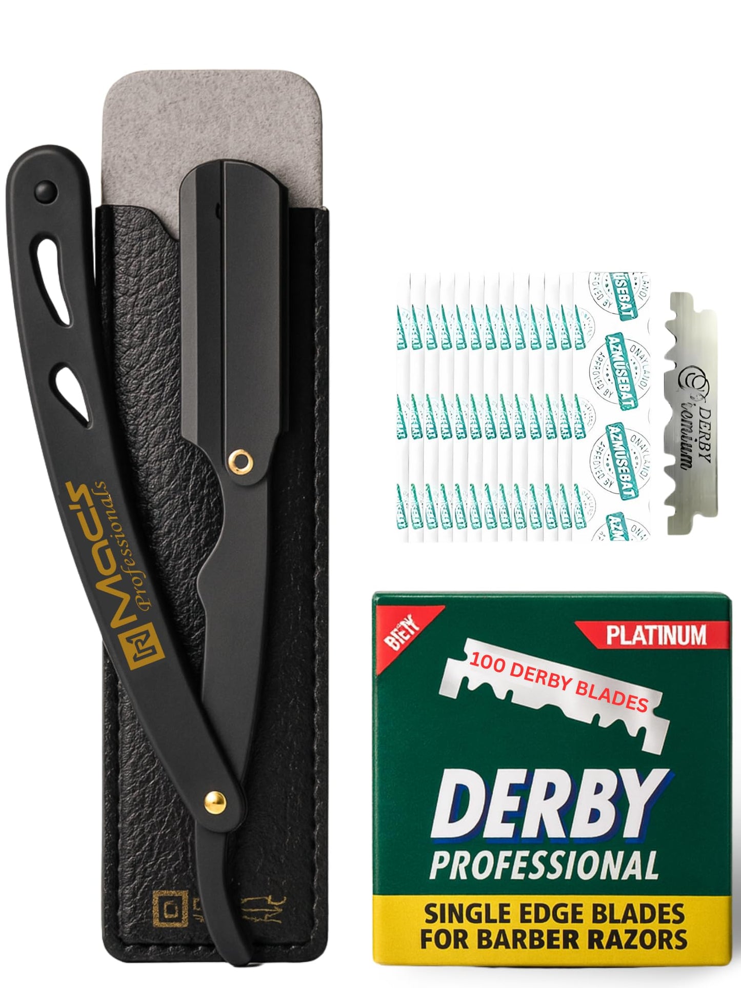 Professional Straight Razor for Men Barber Straight Edge Razor with Derby Blades and Pouch. Stainless Steel Shavette Razor for Men – 100 Pack for Smooth, Precise Shaving