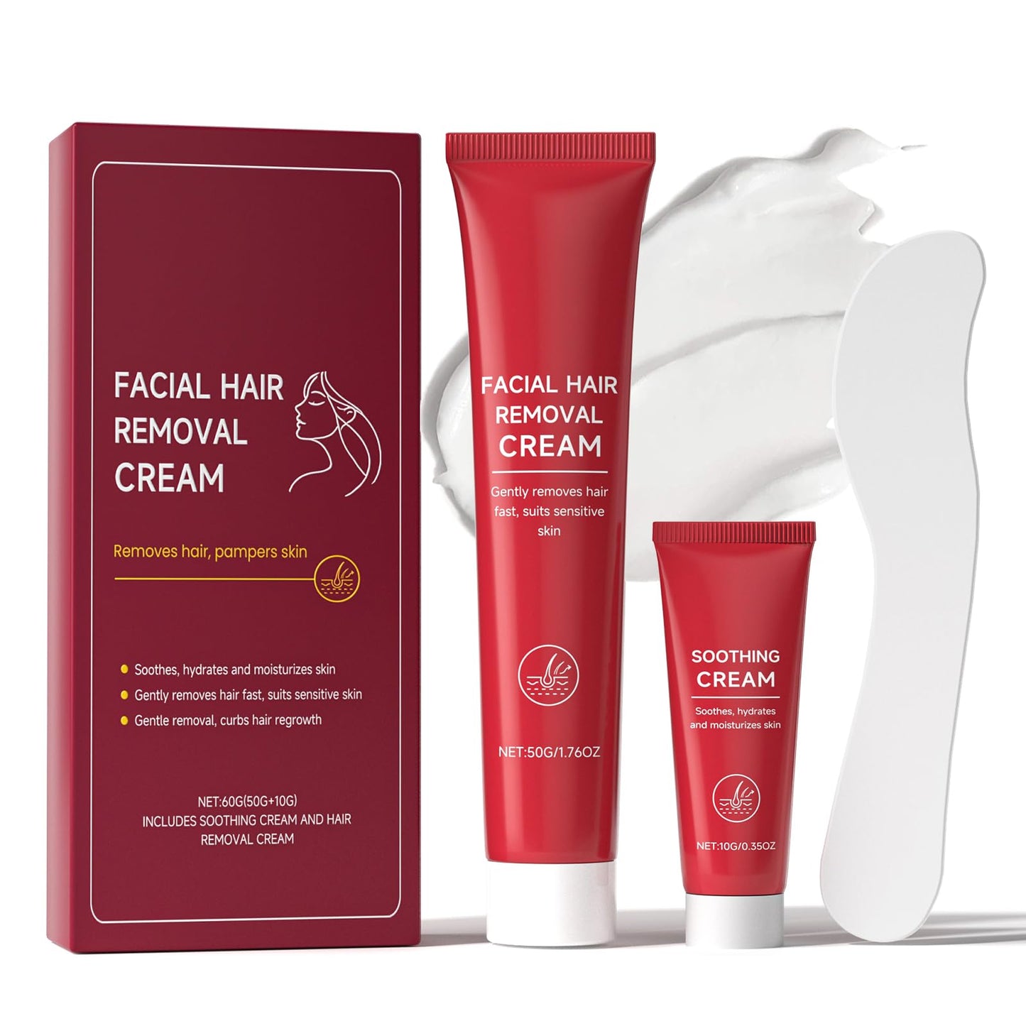 Facial Hair Removal Cream for Women, Gentle & Painless 2-in-1 Face Hair Removal Creams with Soothing Cream for Sensitive Skin, Depilatory Creams for Face Upper Lip Chin, For Smooth Skin 2.03 Fl Oz