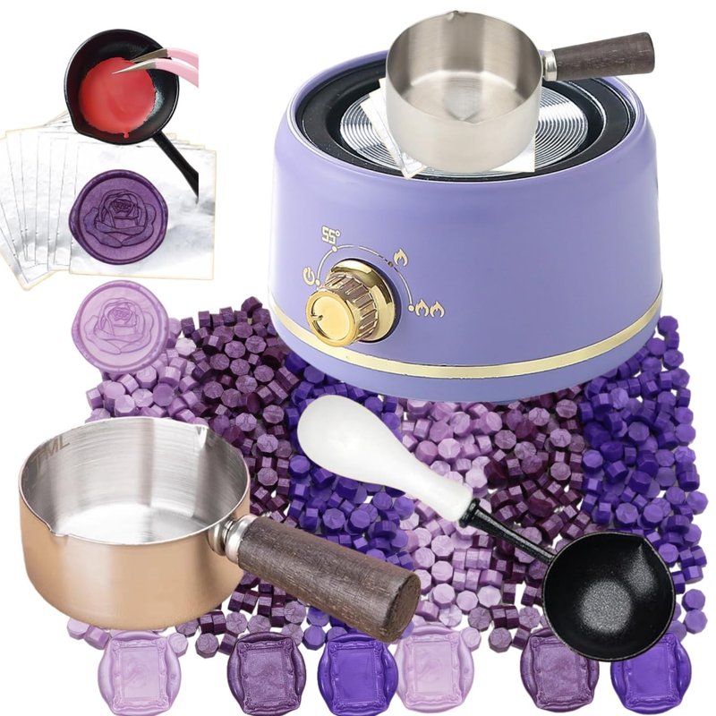 Sealing Wax Warmer Electric with 300Pcs Purple Waxseal Beads, a 80ml Large Spoon, a Non-Slip Melt Scoop, Electric Wax Seal Melting Warmer Furnace Kit(300 Purple White Set)