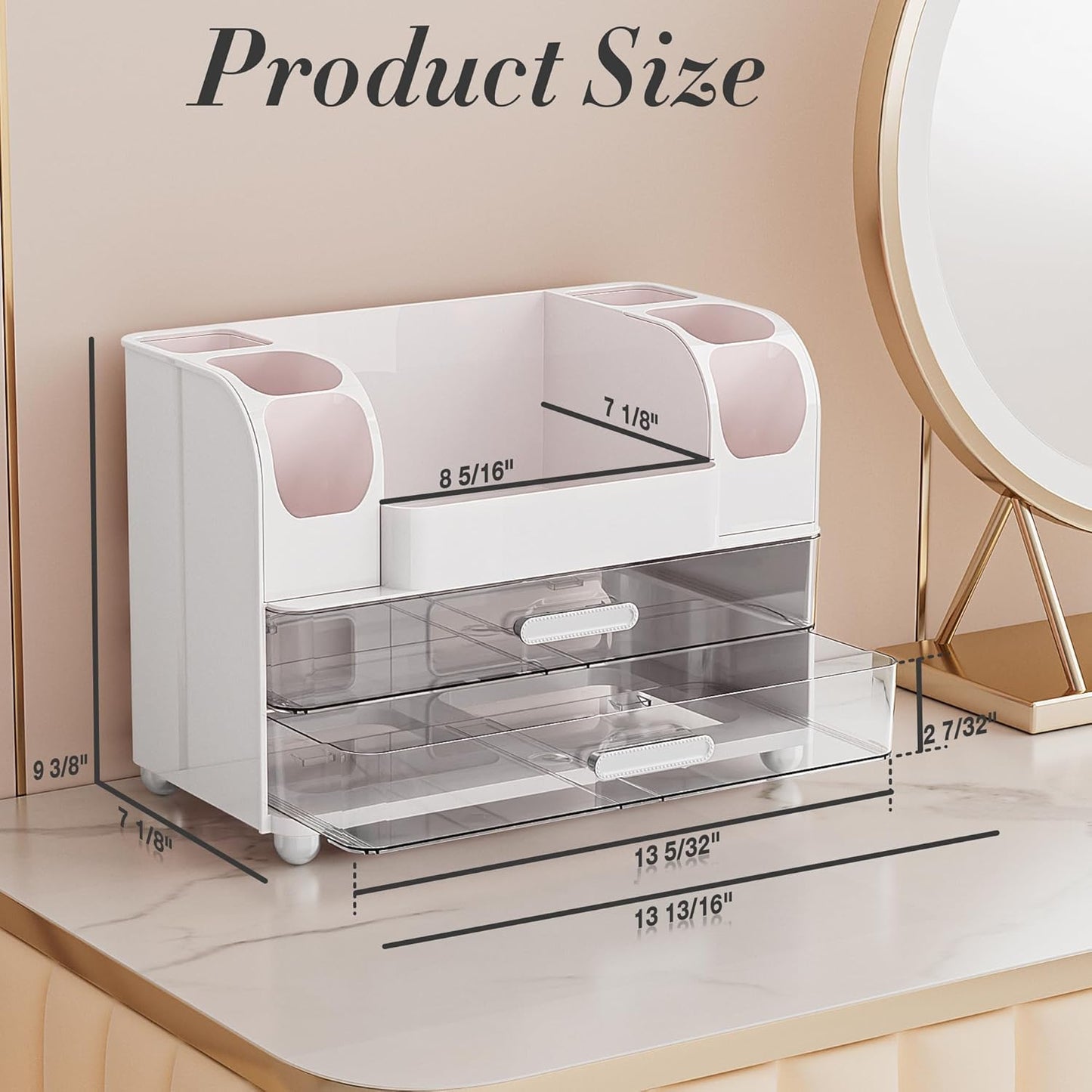 Large Makeup Organizer - 6 Brush Holders & 2 Drawers | White Vanity Storage for Skincare, Lipsticks, and More