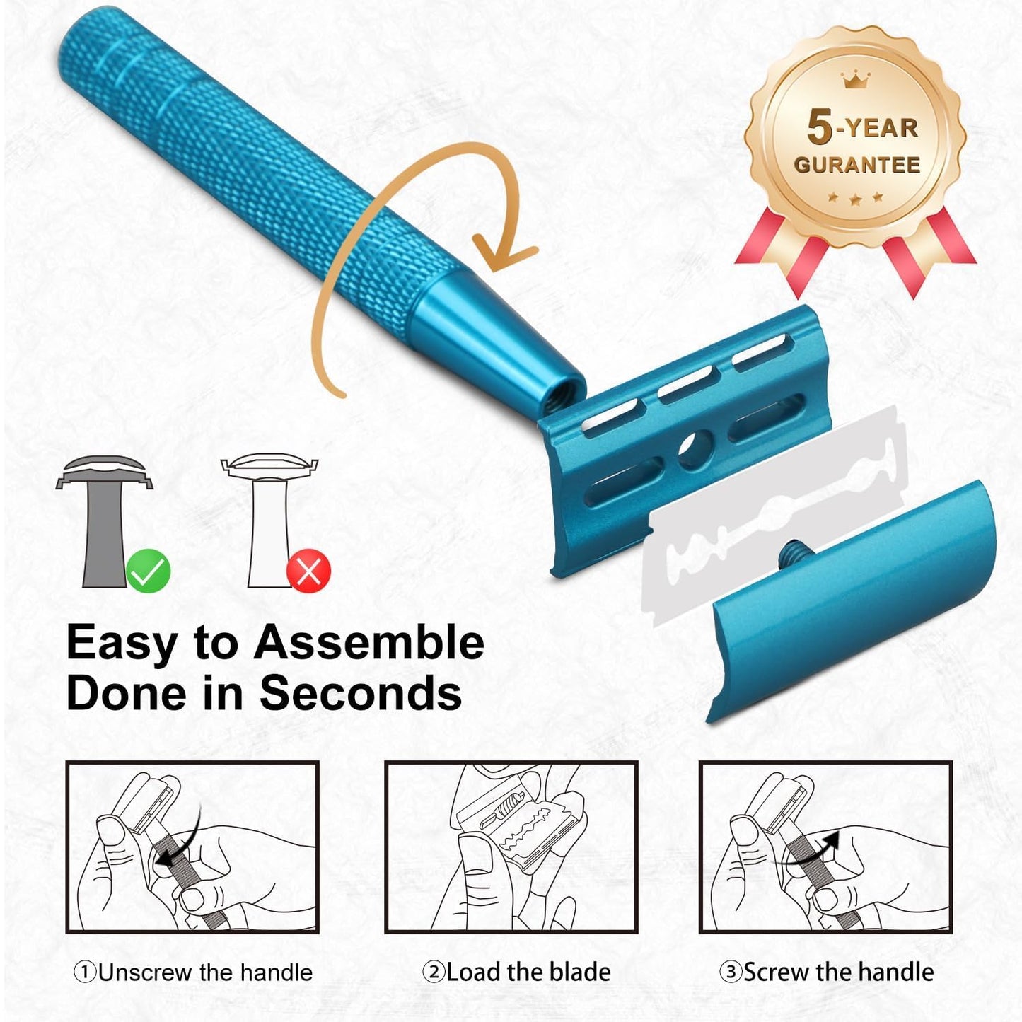 Double Edge Safety Razor with Stand, Single Blade Razors for Men and Women, with 10 Stainless Steel Double Edge Blades, Smooth and Close Shave, Plastic Free, Blue