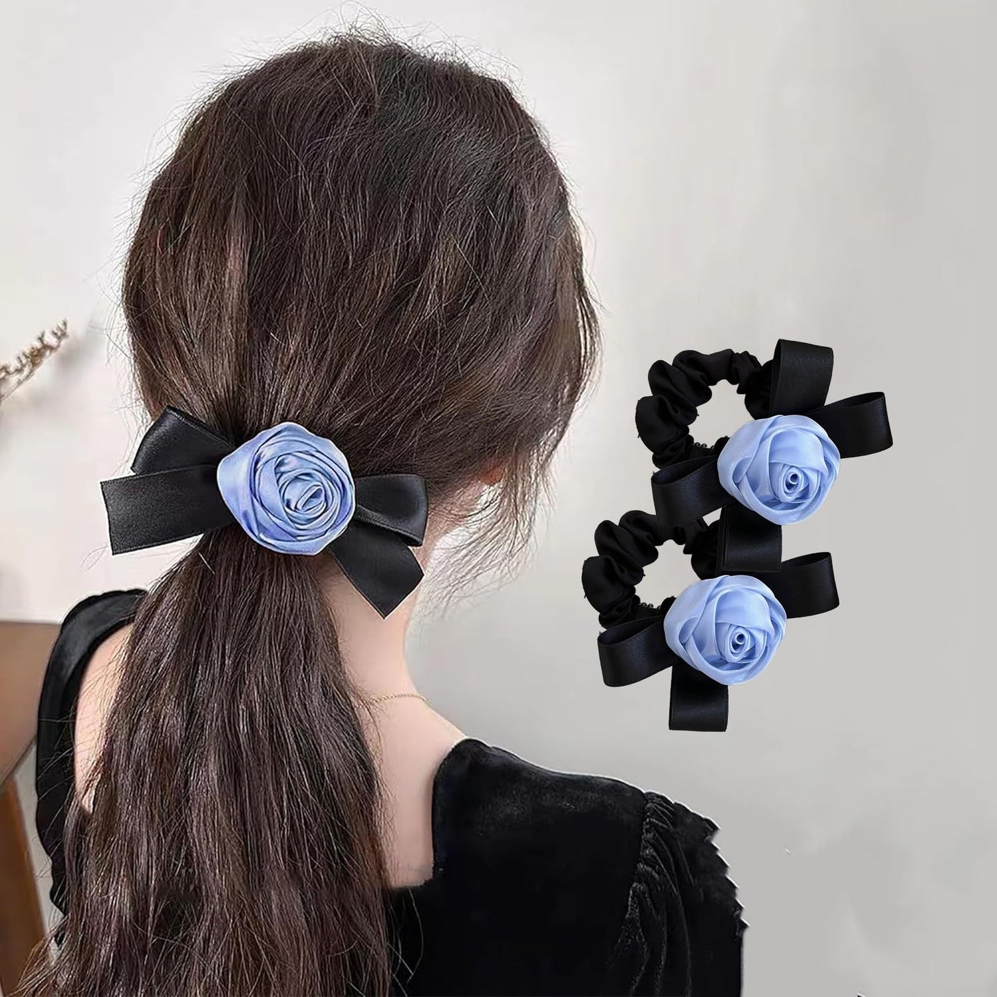 2 Pcs Hair Scarf Scruncheis for Women Knotted Bow Hair Ties Floral Pattern Elastic Bands Hair Ribbon Scrunchy Ponytail Holder for Girls,Rose Blue