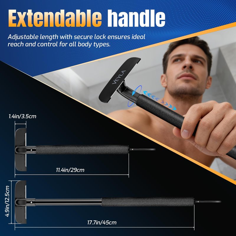 VEYLA Nick-Free Back Shaver for Men, 17.7" Extendable Aluminum Alloy Long Handle, 4.9" Wide Replaceable Blade, Safe for Sensitive Skin, Wet or Dry Use DIY Full Body Hair Remover (2 Blades Included)