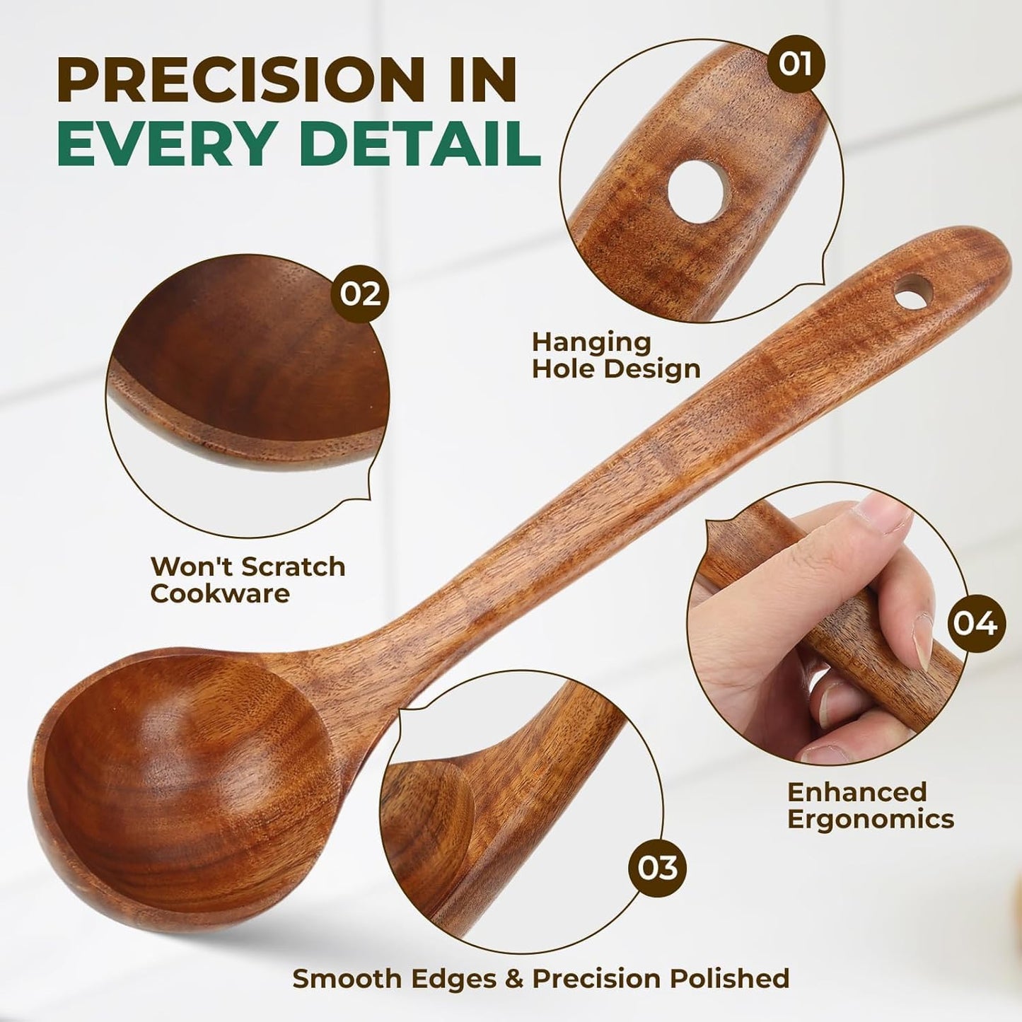 Wooden Long Handle Spoon - Large Kitchen Utensil for Non-Stick Pots & Pans | Perfect for Cooking & Serving