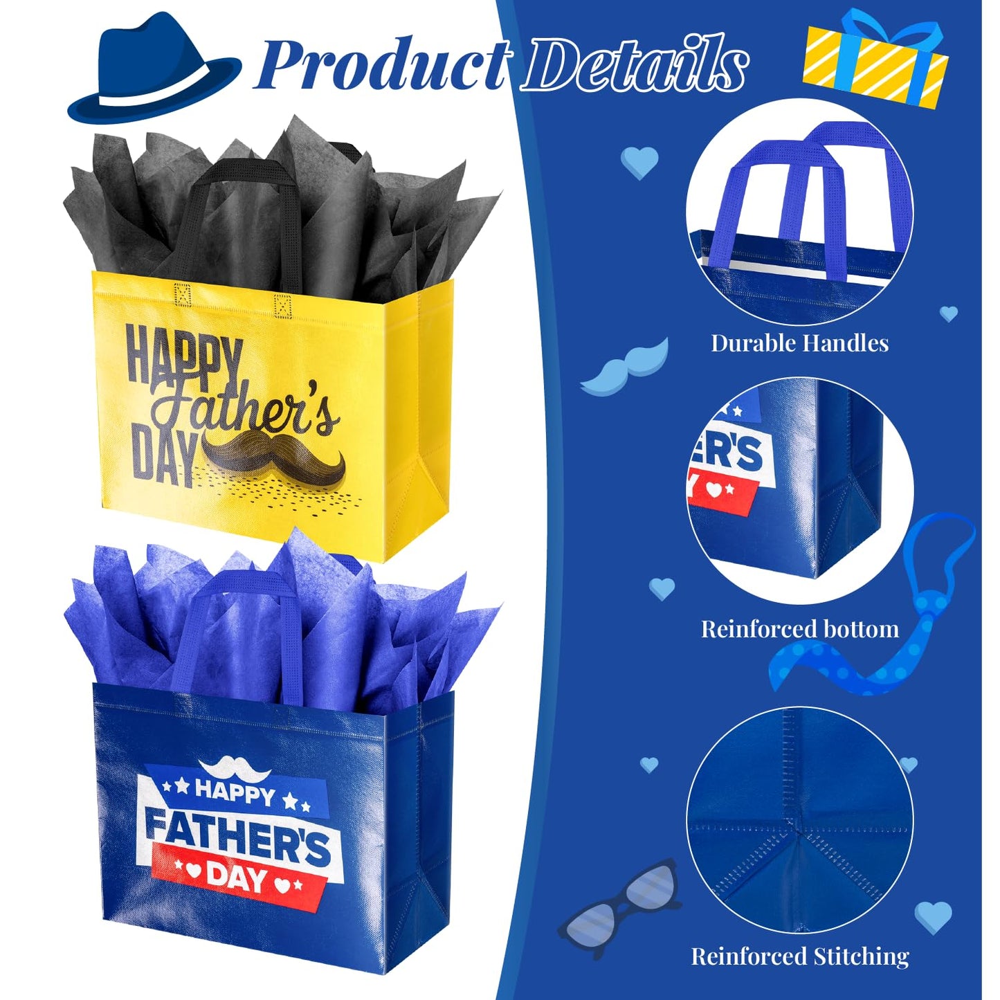 ysmile 2 Pack Fathers Day Gift Bag with Tissue Paper Medium Size, Reusable Non Woven Fathers Gifts Bag with Handle for Dad, Grandpa