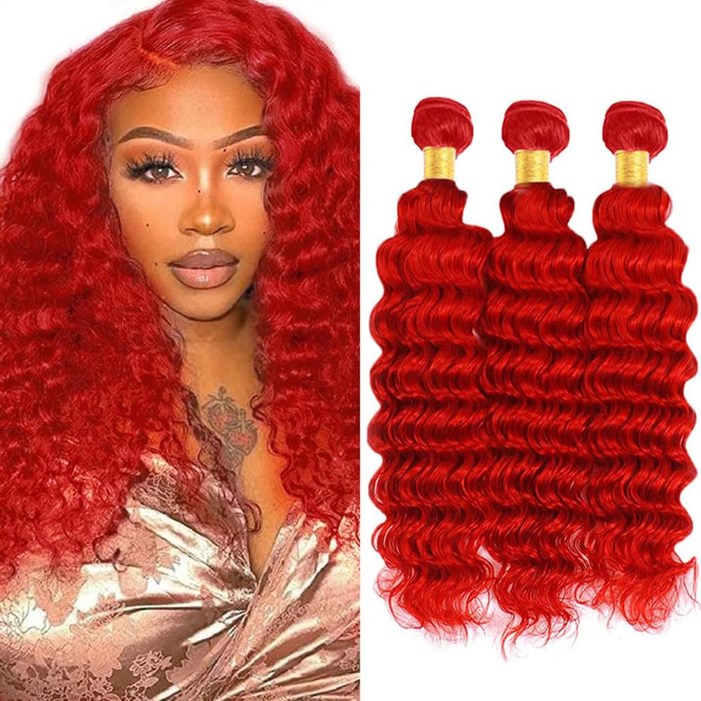 Braight Red Bundles Red Deep Wave Bundle Human Hair 3 Bundles/150g 8A Grade Peruvian Virgin Hair 16 18 20 Inch Double Weft Hair Extensions