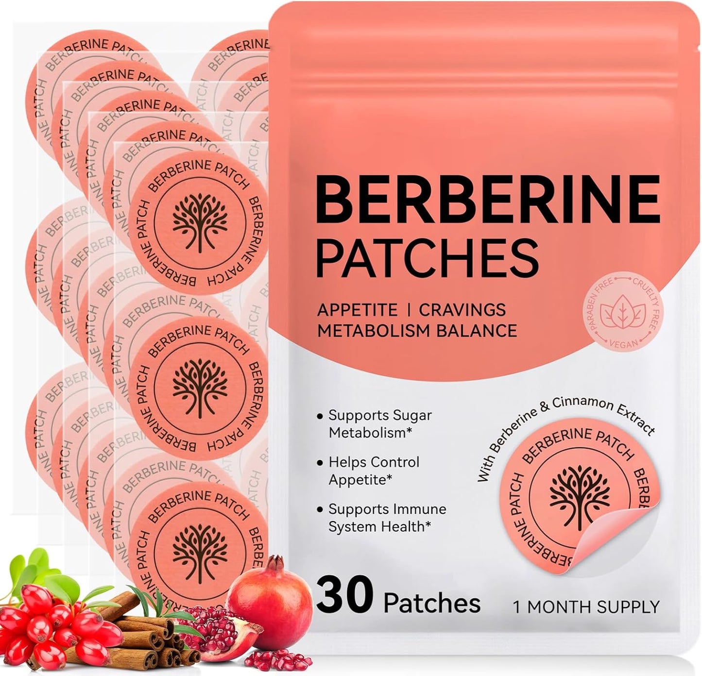 Berberine Patches - Ultra-Thin & Breathable Textile, Waterproof Botanical Formula | 30 Pcs with Cinnamon & Pomegranate