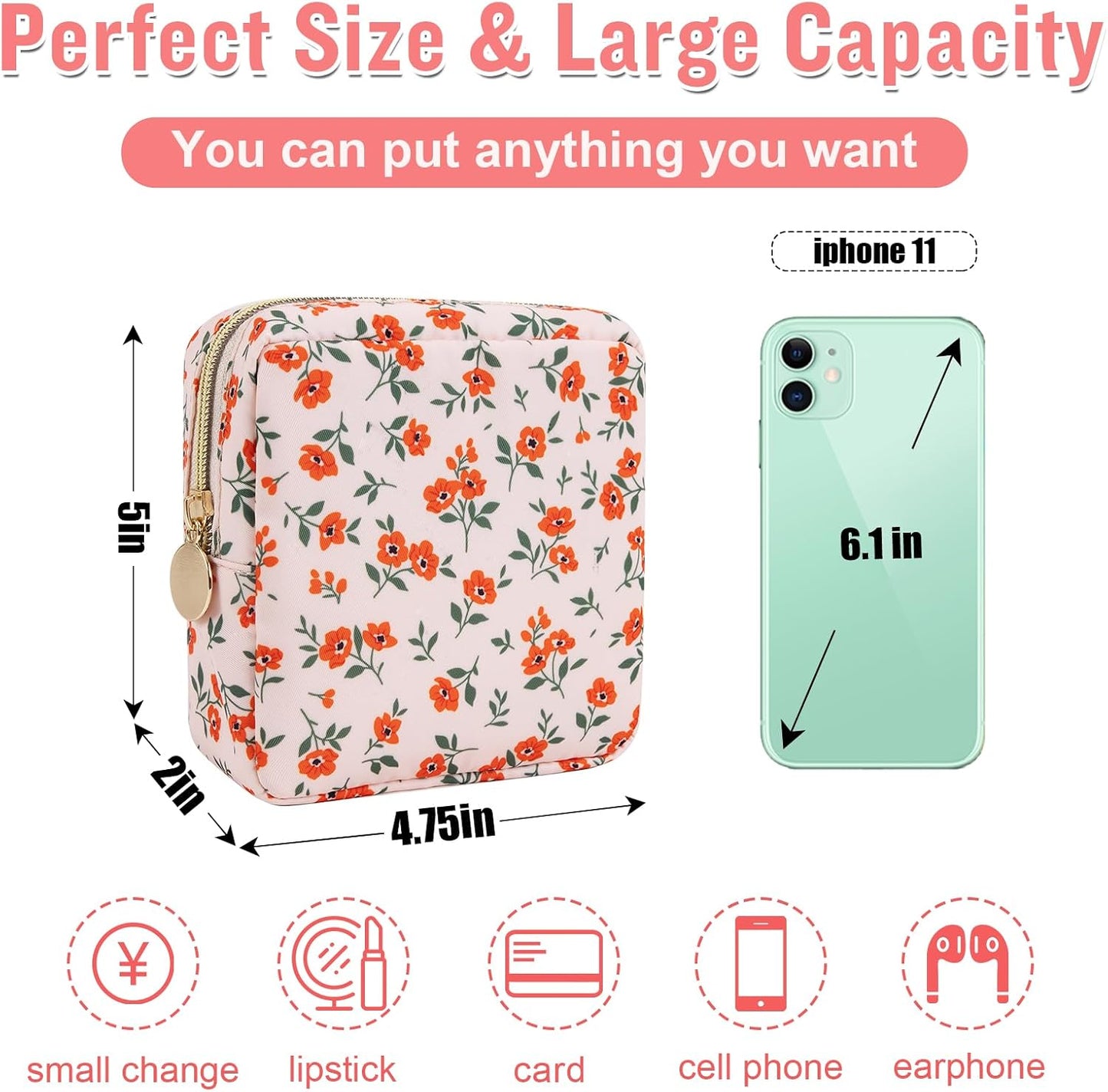 Floral Makeup Bag - Cute Pink Nylon Zipper Pouch for Travel | Waterproof Cosmetic Organizer for Women