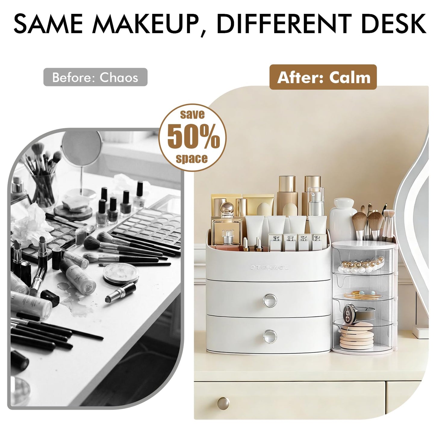 Makeup Organizer Countertop with Drawers, Make up Organizers for Vanity, Skincare Jewelry Earring Organizers, Cosmetic Display Cases Makeup Storage for Bedroom & Bathroom, Ideal Gifts for Women(White)
