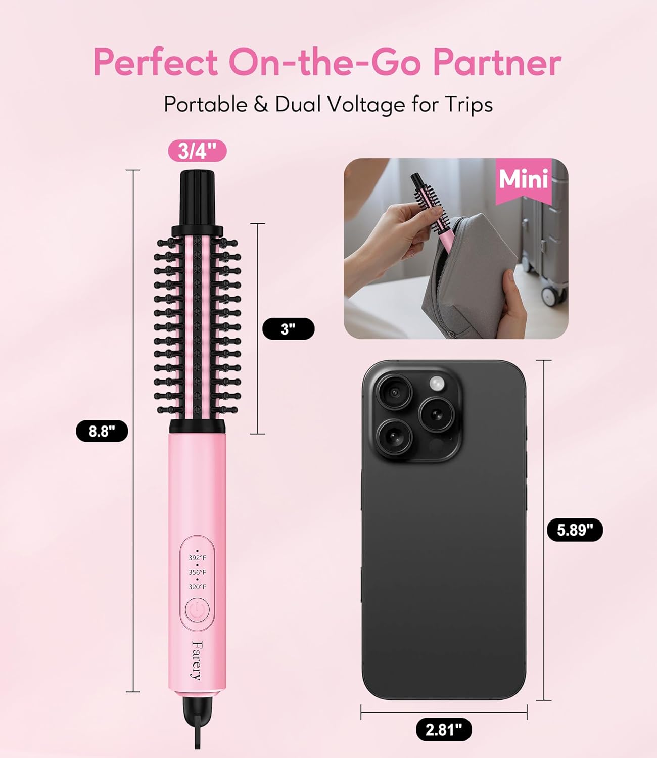 Mini Thermal Brush - 3 Temperature Adjustable Heated Round Brush for Short Hair | Travel Size Curling Iron in Pink