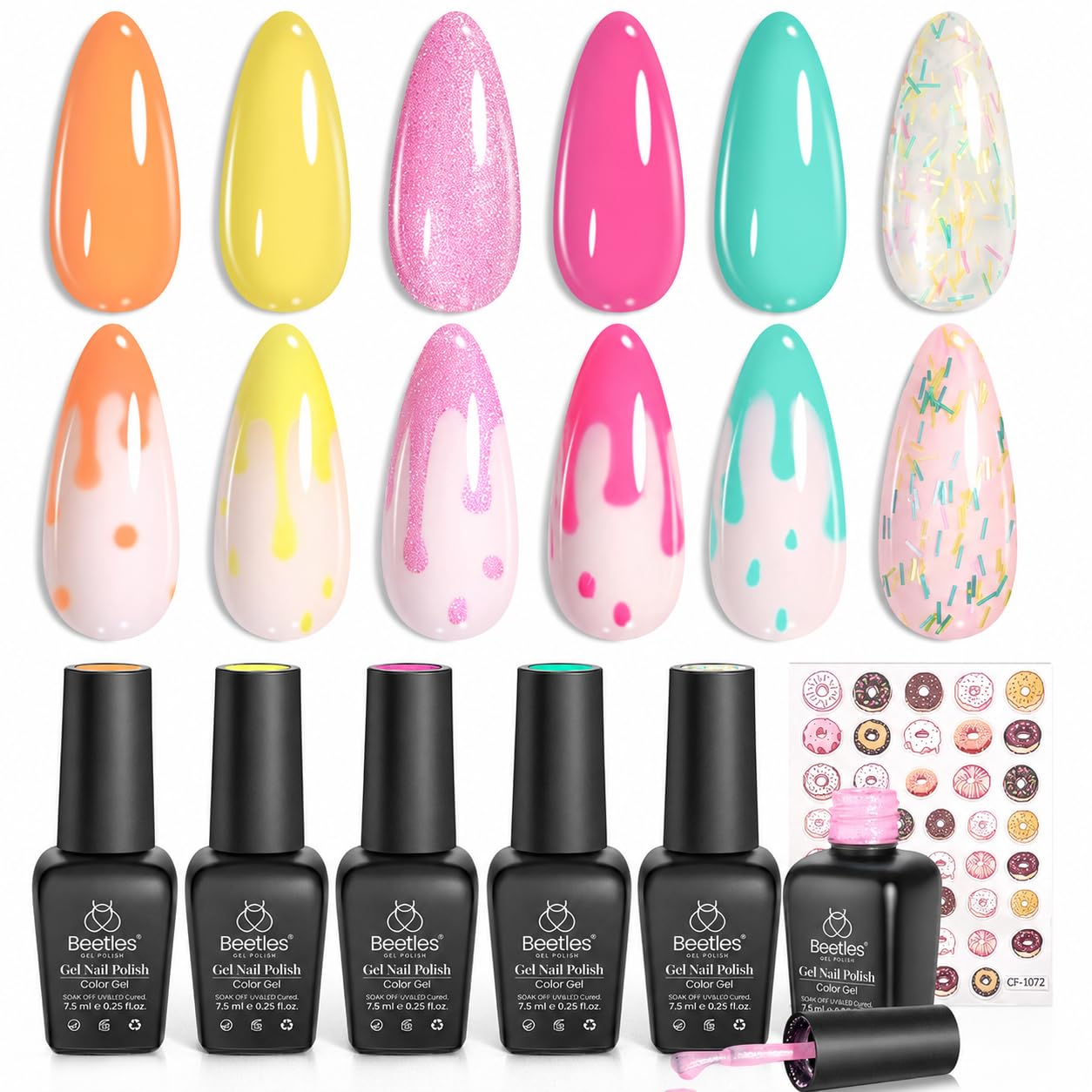 Beetles Green Gel Nail Polish Set - 6 Colors Cat Eye Glitter Gel | Summer Lime Yellow Flash UV LED Starter Kit for DIY Home & Salon Use