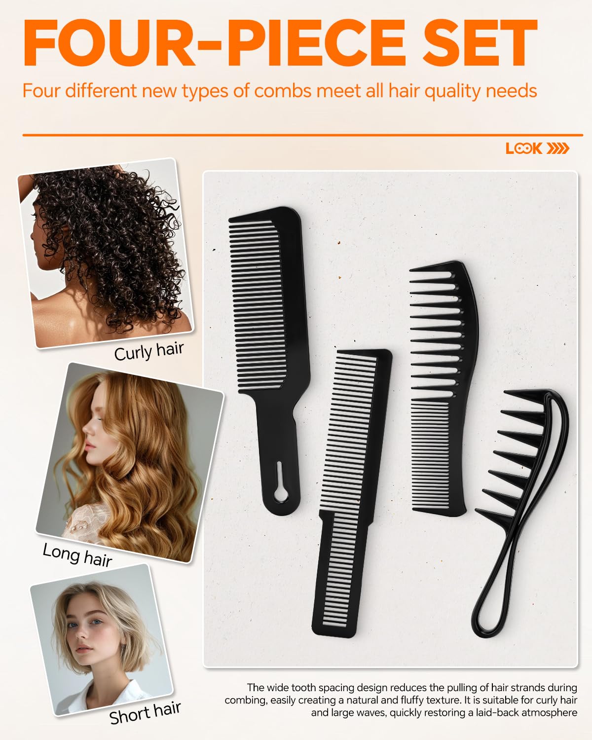 4PCS Combs for Women & Men - Durable Wide Tooth, Rat Tail & Fine Tooth Combs Set for Detangling, Teasing & Parting - All Hair Types