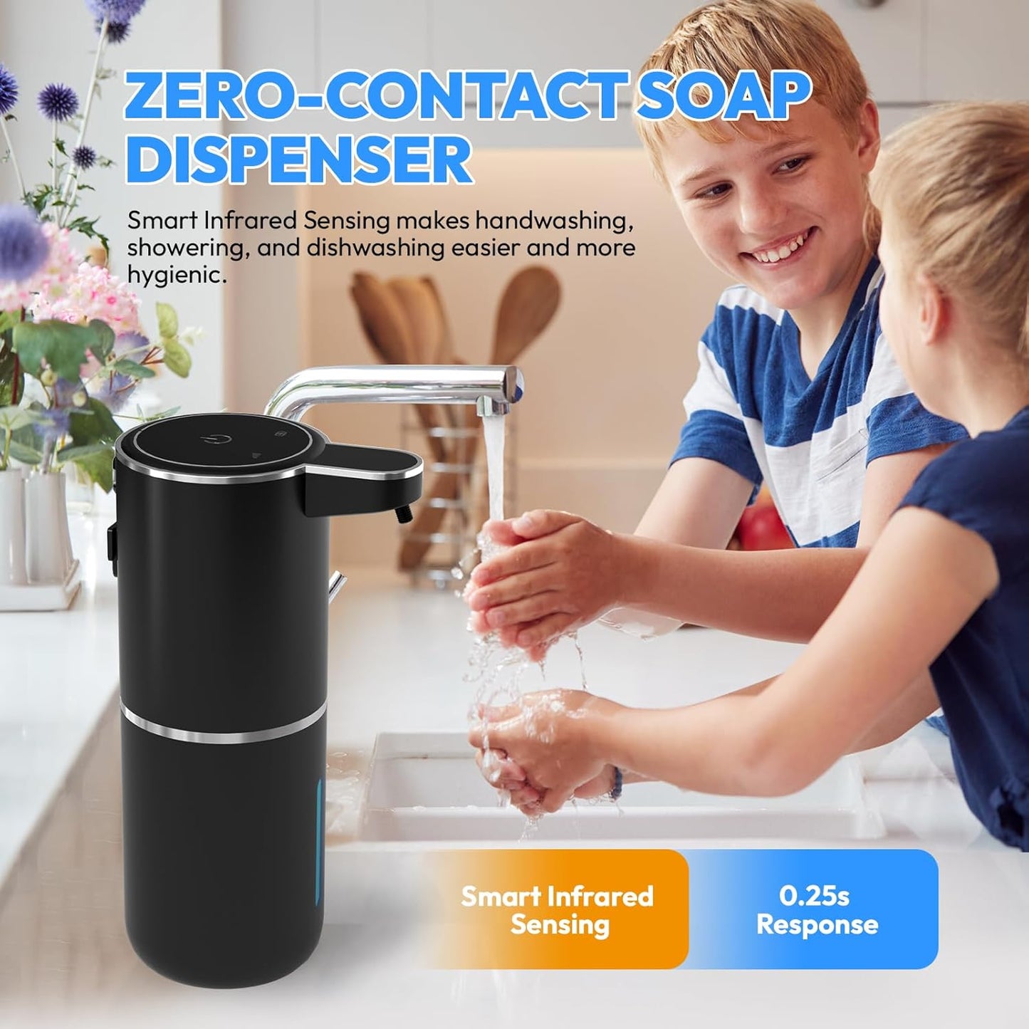 Automatic Foaming Soap Dispenser - Touchless 12.8oz Rechargeable Wall Mount for Bathroom & Kitchen | Black