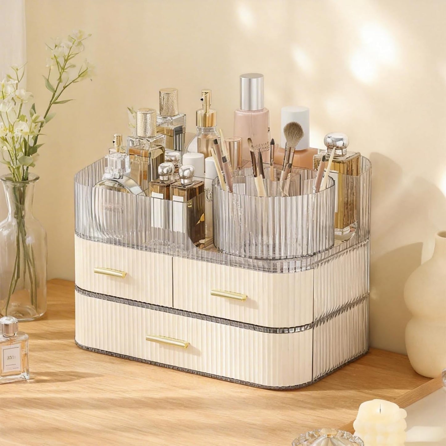 3-Layer Makeup Organizer - Clear Vanity Desk Storage with Drawers & Dividers | Perfect for Skincare & Perfume