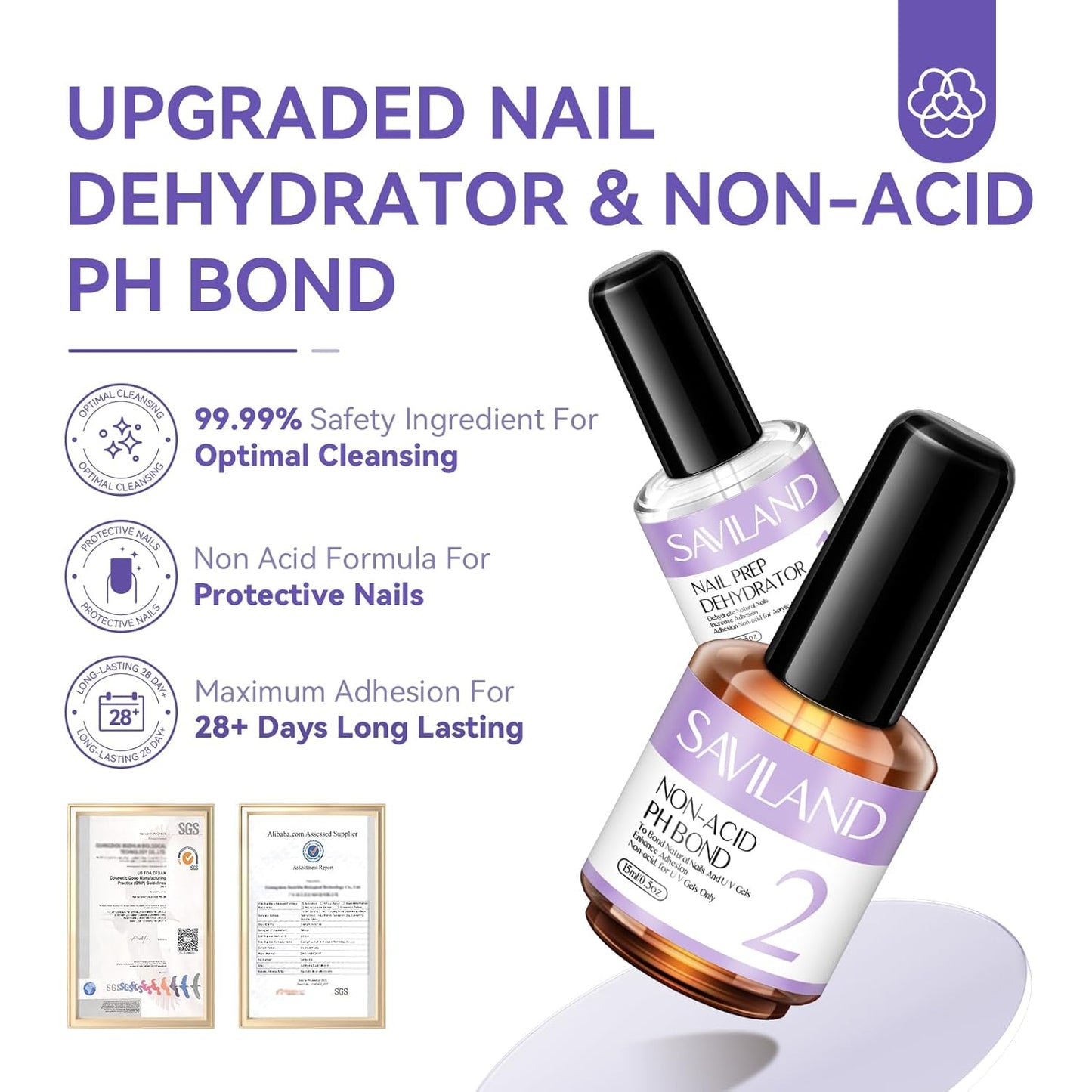 SAVILAND Nail Dehydrator & Primer - Acid-Free Natural Formula for Superior Bonding | Acrylic Nail Kit