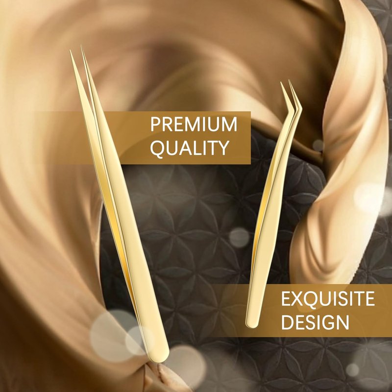 MORGLES Golden Lash Tweezers Set, 5 PCS Professional Eyelash Tweezers for Eyelash Extensions for Beginners & Lash Artists