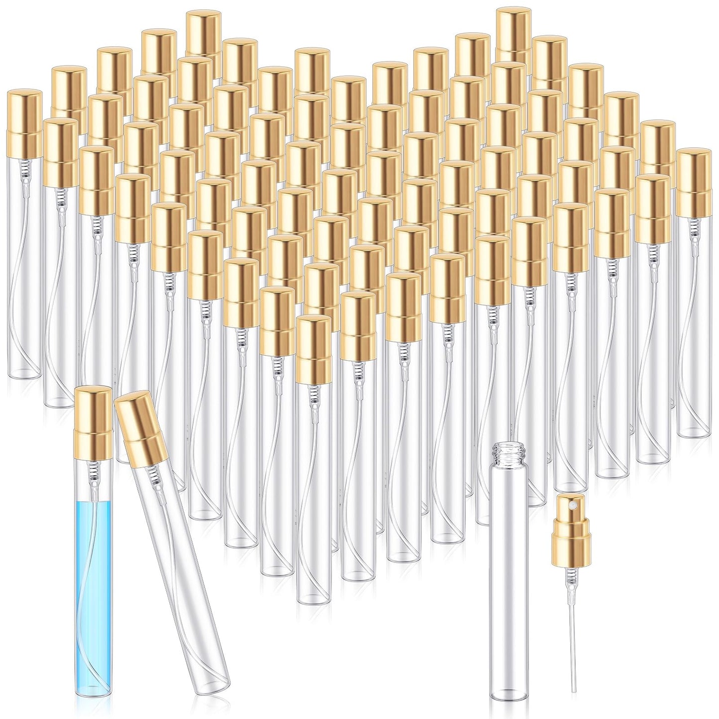 Zhehao 200 Pcs Mini Spray Bottles 10 ml Clear Glass Perfume Bottles Refillable Fine Mist Perfume Atomizer Portable Empty Sample Containers for Cleaning, Essential Oils, Travel (Gold Cap)