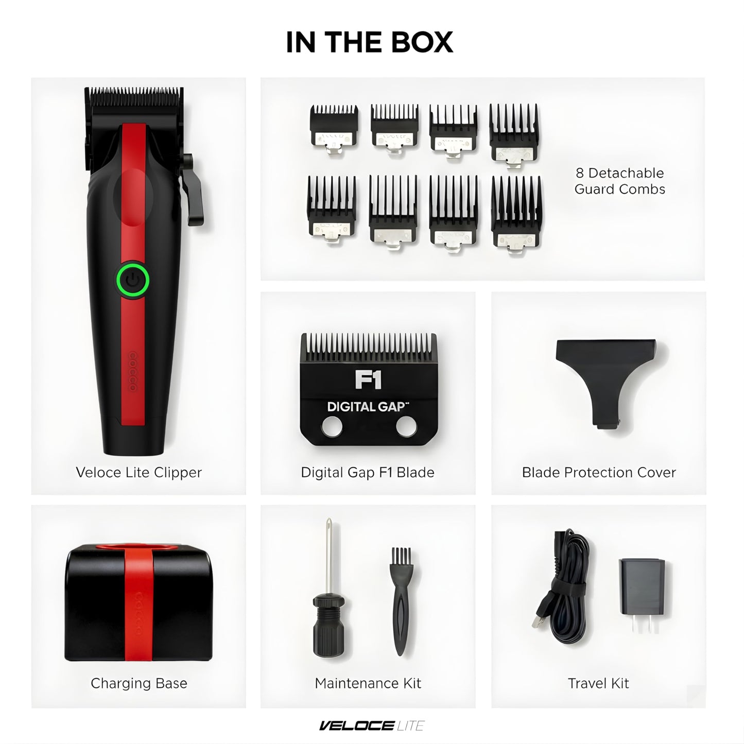 Cocco Veloce Lite Professional Hair Clipper for Barbers – Digital Gap™ Precision Fade F1 Blade, 7000 RPM Cordless Clippers, USB-C Fast Charge, 3 Hour Runtime, Hair Clippers for Men (Red & Black)