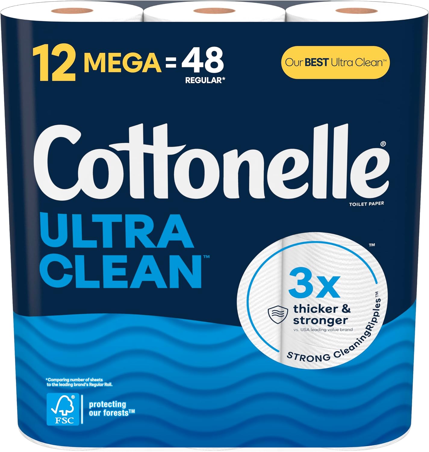 Cottonelle Ultra Clean Toilet Paper - Active Cleaning Ripples Texture, 24 Mega Rolls | Strong Bath Tissue