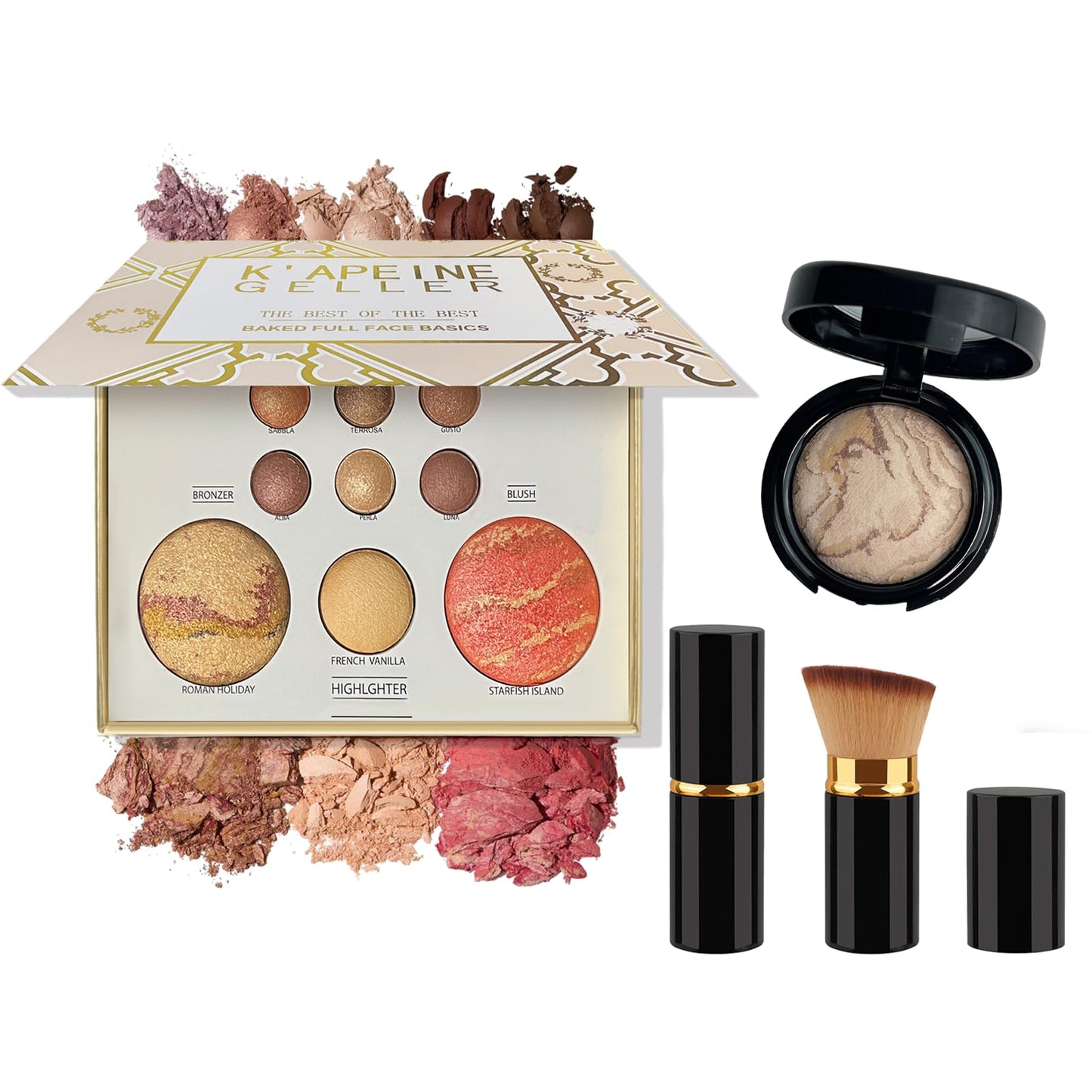 K'APEINE Baked Makeup Palette Set- 9Colors Brown Makeup Palette, Single Baked Powder Foundation & Retractable Blush Brush, Travel Makeup Set Waterproof,Long Lasting For Older Women-02