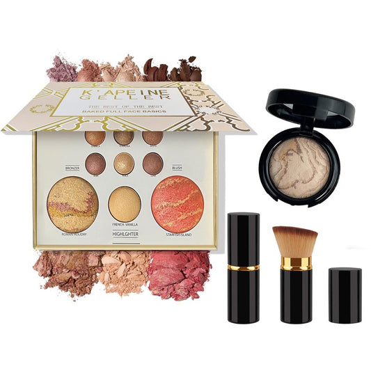 K'APEINE Baked Makeup Palette Set- 9Colors Brown Makeup Palette, Single Baked Powder Foundation & Retractable Blush Brush, Travel Makeup Set Waterproof,Long Lasting For Older Women-02