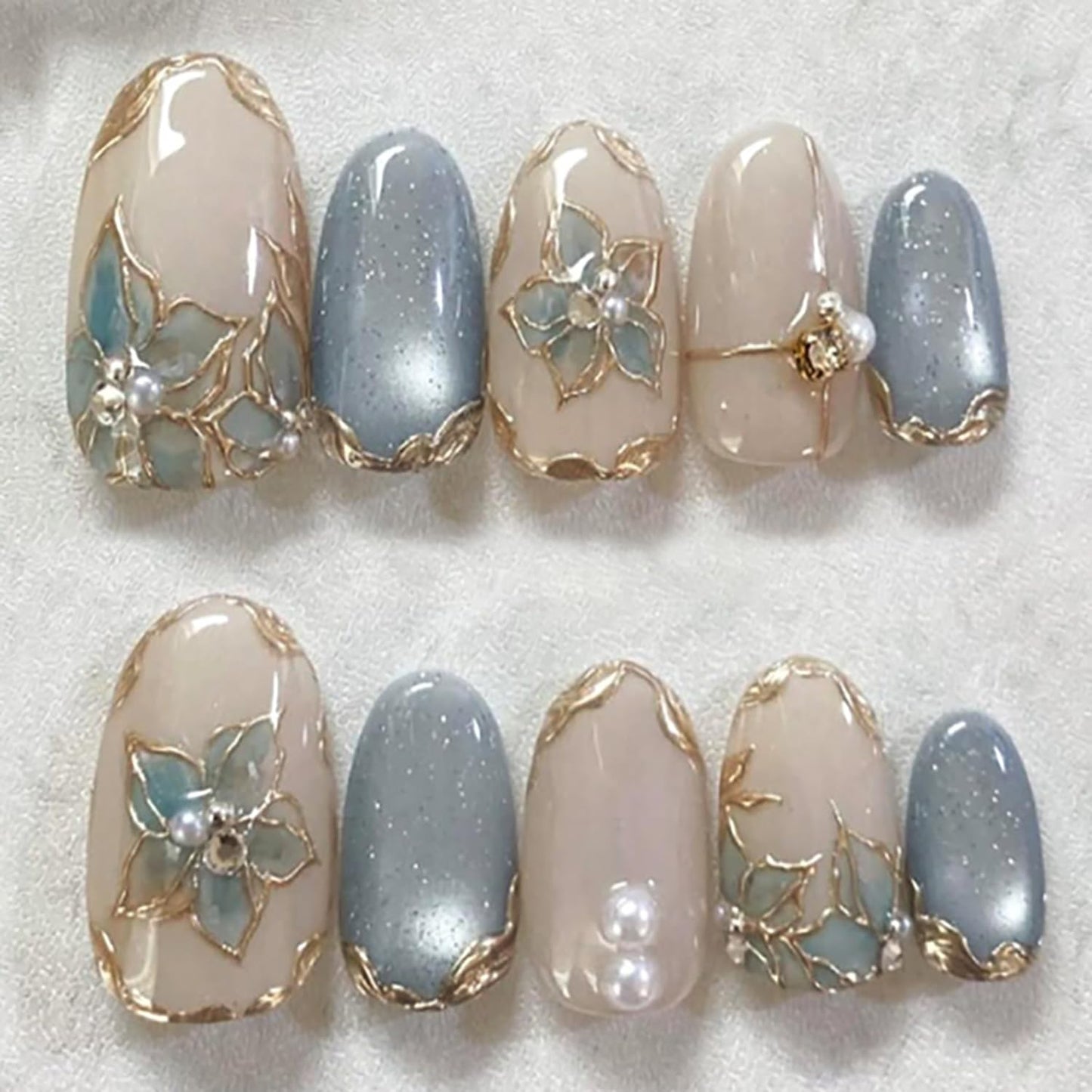 Press On Nails - 24Pcs Medium Almond French Tip with 3D Gold Starfish & Flower Designs | Full Cover Summer Acrylic Nails