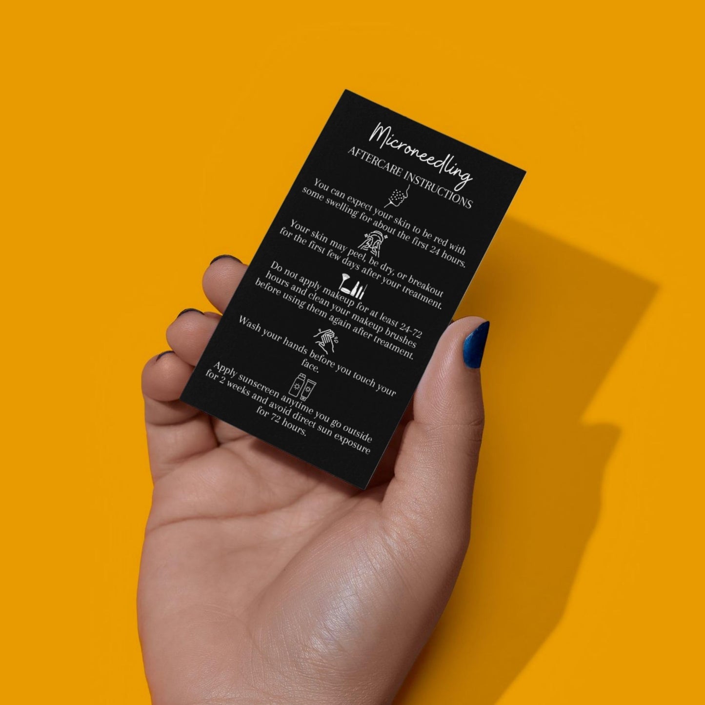 Boutique Marketing LLC Microneedling Aftercare Cards | 50 Pack | Size 2x3.5” inches Business Card Size | Microneedle Black with White Font and Icons Design