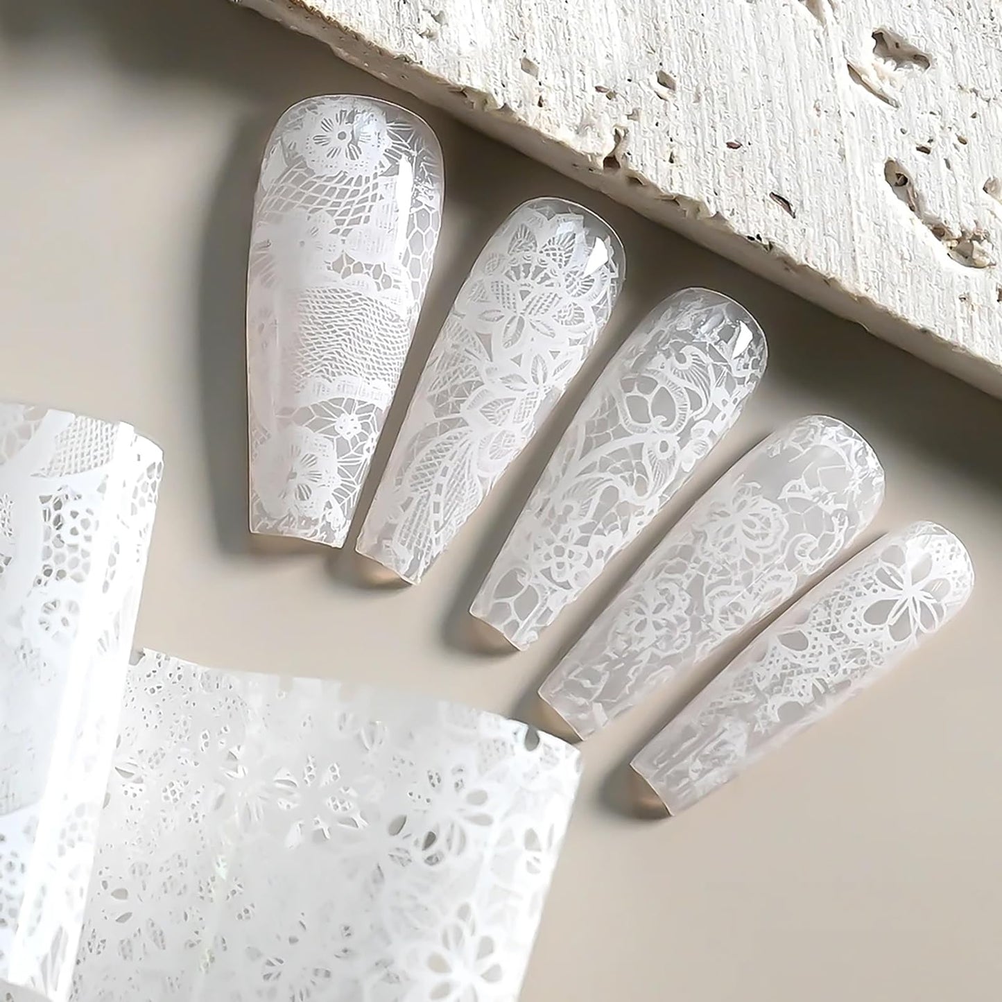 MOLILON 10 Rolls White Lace Nail Foil, Lace Nail Art Foil Transfer Stickers Decals, Holographic Foils for Nails Design, Manicure Stickers for DIY Acrylic Nails Decoration