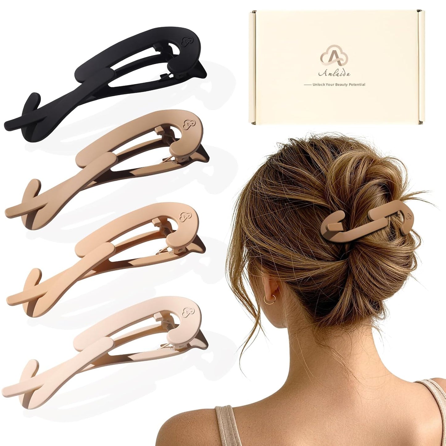 Large Twist Flat Hair Clips - Stylish Tortoise Claw Clips for Medium Thick Hair | 4-Pack for Long, Curly Styles