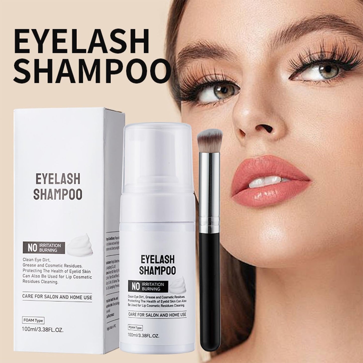 Eyelash Extension Cleansing Foam - 3.4 fl.oz Lash Shampoo with Applicator Brush, Safe Makeup Remover for Extension & Natural Lashes, Oil-Free Foaming Formula