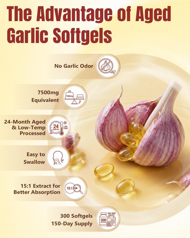 Gomerton Aged Garlic Extract Softgels - 300 Count Odorless Organic Garlic Extract, 15:1 Extract Formula, Heart & Immune Support, Non-GMO Softgels, 2-Year Matured, Gluten-Free