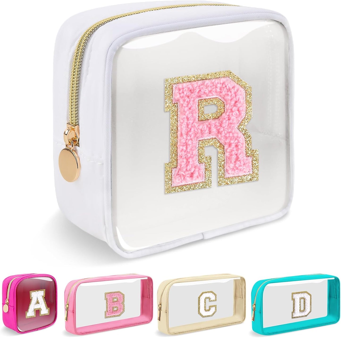 Personalized Initial Makeup Bag - Waterproof Nylon Cosmetic Pouch | A-Z Chenille Letter Patch, White-Pink G
