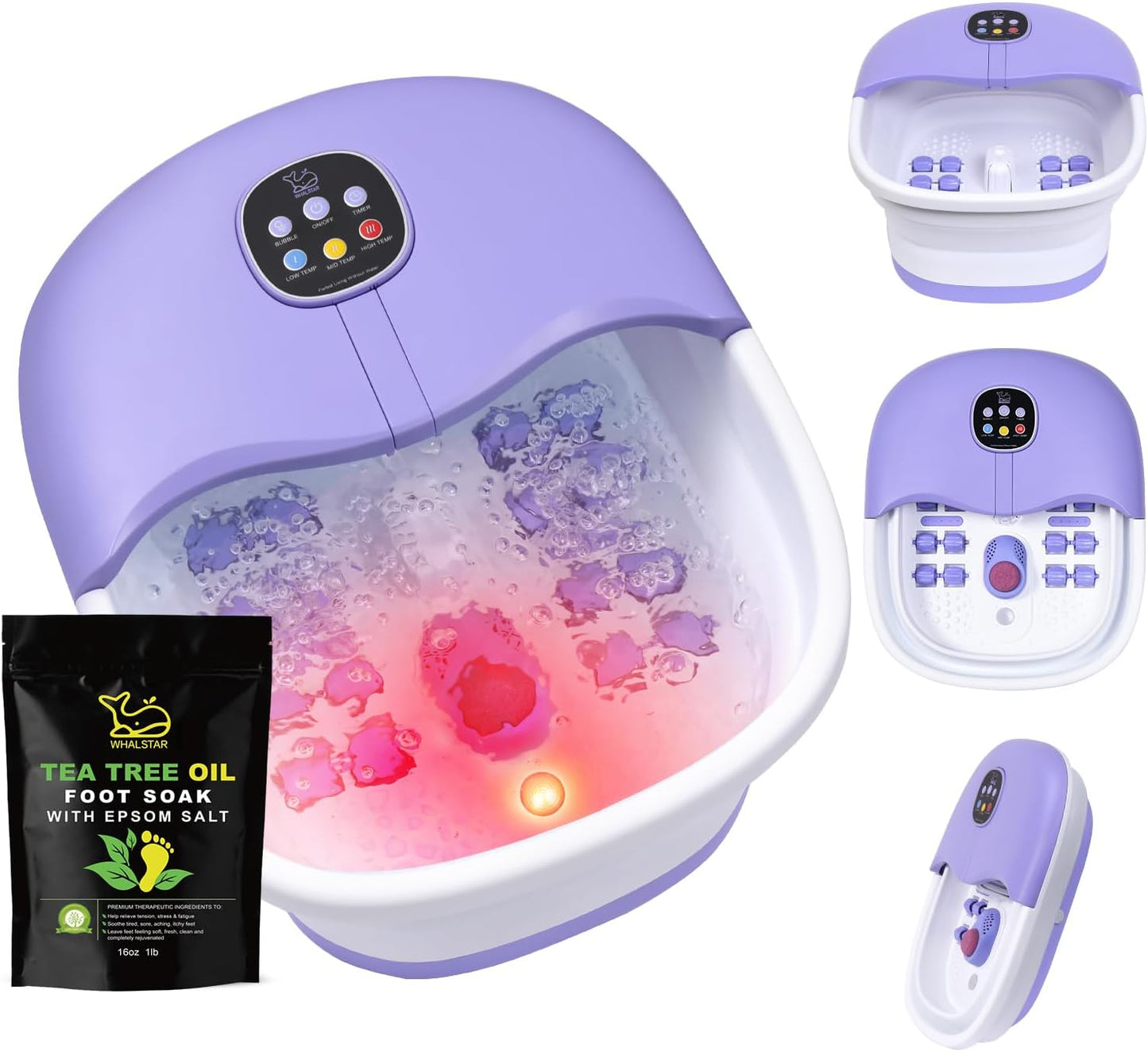Collapsible Foot Spa Bath Massager - Heated Vibration & Bubbles | 16oz Tea Tree Oil Foot Soak & Epsom Salt - Black